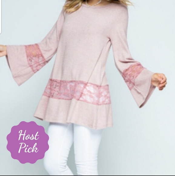 Vocal Tops - VOCAL Sweater Tunic Pink Soft Bell Sleeves & Lace S NWT